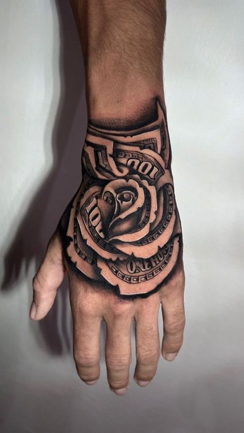 Angel Hand Tattoo, Money Rose Tattoo, Hand Tattoo Designs, Poseidon Tattoo, Money Rose, Tattoo Lettering Design, Money Tattoo, Pretty Hand Tattoos, Cool Forearm Tattoos