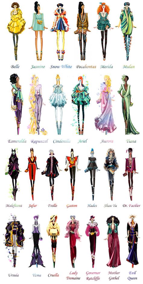 Sashii Kami updated the princesses style; and the villains, both female and male! Disney Villains Female, Disney Villains Costumes Female, Female Villian Costume, Disney Villains Outfit Ideas, Villian Halloween Costumes Female, Movie Villains Costumes, Disney Villains Outfits, Disney Villains Cosplay, Villain Costumes Female