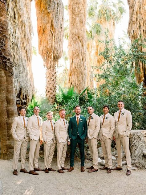 Palm Springs wedding groomsmen Green Groom Suit Tan Groomsmen, Tan Bridesmaid Dresses With Groomsmen, Green Groom Attire, Wedding Party Idea, Tan Groomsmen Suits, Tan Groomsmen, Khaki Wedding, Green Wedding Suit, Wedding Groomsmen Attire