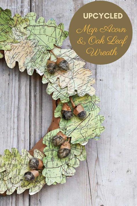 Oak Leaf Wreath, Paper Leaf Wreath, Unique Fall Decor, Felt Acorns, Paper Leaf, Felted Acorns, Road Maps, Map Crafts, Map Paper