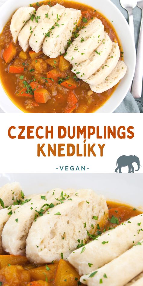 Czech Dumplings are the perfect addition to any goulash or stew! | ElephantasticVegan.com #knedliky #czech #dumplings Czech Dumplings, German Food Authentic, Vegan Dumplings, Bread Dumplings, 2024 Recipes, Czech Recipes, Vegan Milk, Allergy Friendly Recipes, Dumpling Recipe