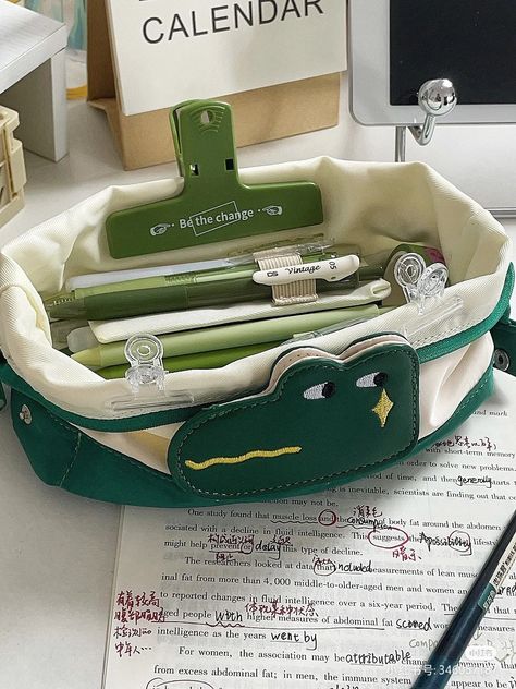 Green School Supplies Aesthetic, Green School Aesthetic, Green Pencil Case, Dinosaur Pencil, Studying Stationary, Cute School Stationary, Green School, Study Stationery, Pen Bag