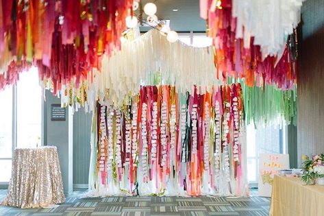 Colorful Hanging Streamers:  Creative Ceiling Installation. The Color Condition BOO 10th Anniversary Bash | Photography: Tyler + Lindsey | #bridesofok #wedding #anniversary Ceiling Fringe, Ceiling Streamers, Photo Moment, Creative Backdrops, Fringe Backdrops, Tassel Decor, Event Backdrop, Ceiling Installation, 10 Anniversary