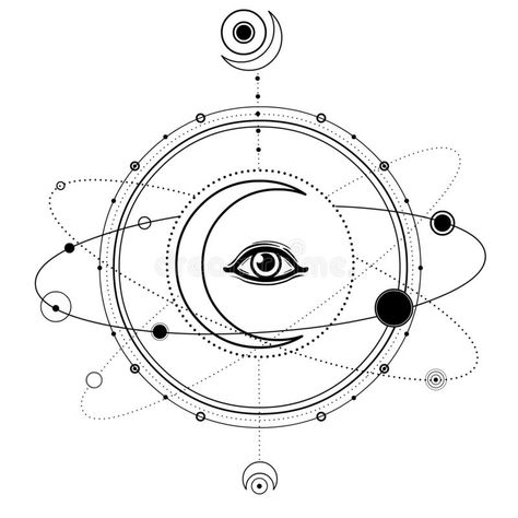 Mystical drawing: moon, All-seeing eye, orbits of planets, energy circle. Sacred geometry. Alchemy, magic, esoteric, occultism. Monochrome Vector Illustration royalty free illustration Sacred Geometry Circle, Planet Orbit Tattoo, Stansil Tattoo, Sacred Geometry Alchemy, Alchemy Magic, Ancient Astrology, Planet Energy, Planet Vector, Sacred Geometry Patterns