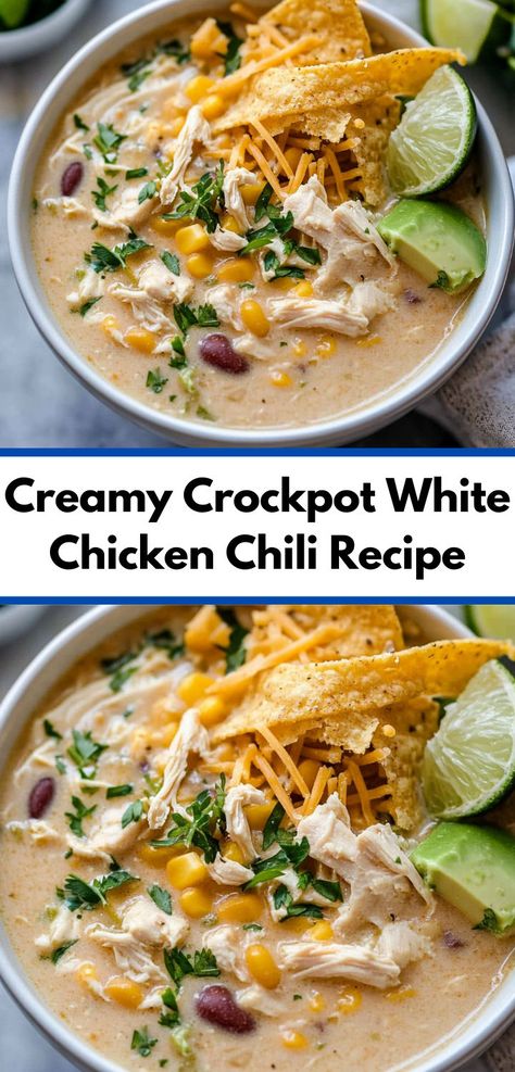 Looking for an easy dinner? This Creamy Crockpot White Chicken Chili Recipe is perfect for slow cooker or Instant Pot. A top pick among chicken crockpot recipes and chili recipes for creamy comfort. White Chicken Chili Healthy, White Chicken Chili Slow Cooker, White Chicken Chili Recipe, Chicken Chili Crockpot, Slow Cooker Chicken Chili, Crockpot White Chicken Chili, Creamy White Chicken Chili, White Chili, White Chili Chicken Recipe