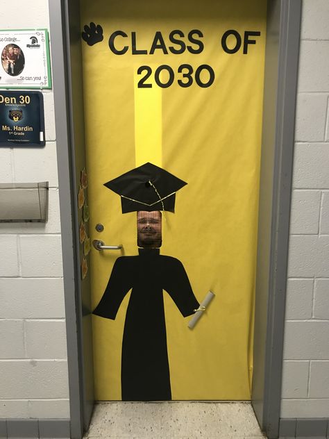 My door for my first grade class 😀 Senior Door Decorations Ideas, Graduation Classroom Door, College Theme Classroom Door, Greeting Students At The Door, Ways To Greet Students At The Door, When You Enter This Classroom Door, High School Decor, School Computers, Classroom Culture