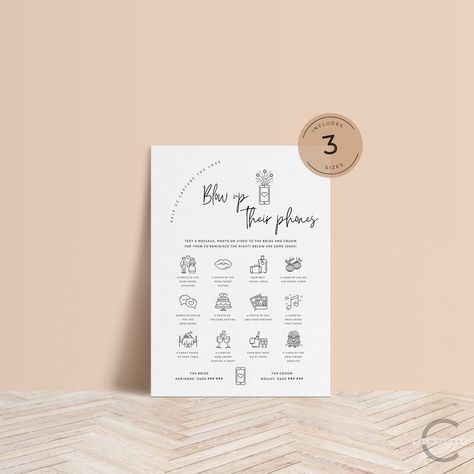 Infographic Blow Up Their Phones Template, Editable Blow Up Their Phones Wedding Game, Wedding Table Games, Wedding Reception Games - CALM by CalmJohnny on Etsy Games Wedding Reception, Wedding Table Games, Phone Text Message, Reception Games, Wedding Reception Games, Game Wedding, Games Wedding, Hashtag Sign, Wedding Game