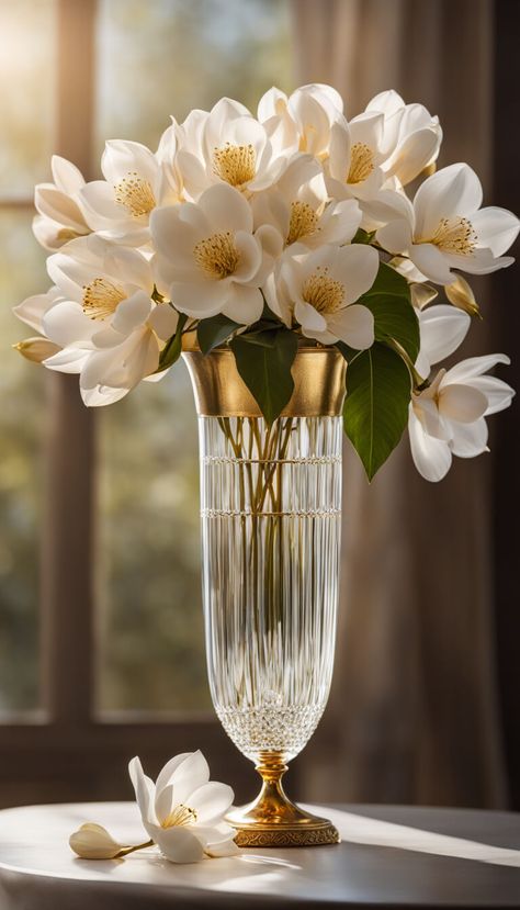 Decoration - elegant crystal vase with gold filigram full of magnolias flowers - AI creation Flower Styling, Tall Floral Arrangements, Retirement Party Gifts, Tall Floor Vases, Plant Pot Design, Pot Designs, Crystal Vase, Magnolia Flower, Floor Vase