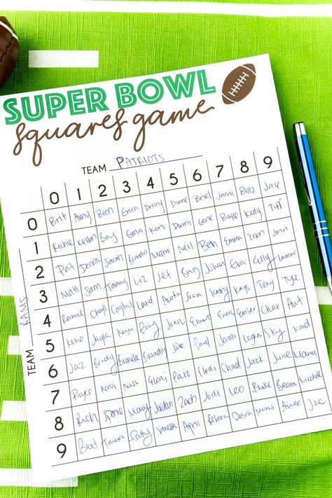 Free printable Super Bowl squares game board! Perfect for any some Super Bowl fun or really watching any football game! Super Bowl Party Games, Super Bowl Trivia, Super Bowl Squares, Football Squares Template, Super Bowl Bingo, Superbowl Squares, Super Bowl Game, Superbowl Party Games, Football Squares