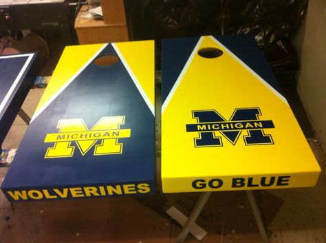 Michigan Wolverines Michigan Cornhole Boards, Cornhole Boards Designs, Diy Yard Games, Wooden Creations, Corn Hole Diy, Cornhole Designs, Michigan Wolverines Football, Wolverines Football, Giant Games