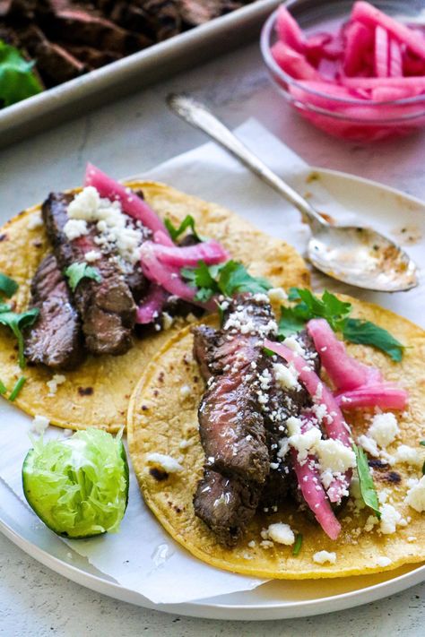 Carne Asada Tacos/Sirloin Steak Tacos – Marisol Cooks Sirloin Steak Tacos, Sirloin Tacos, Spicy Pickled Onions, Chili Lime Salmon, Chorizo Tacos, Cilantro Salsa, Asada Tacos, Carne Asada Tacos, Salmon Tacos