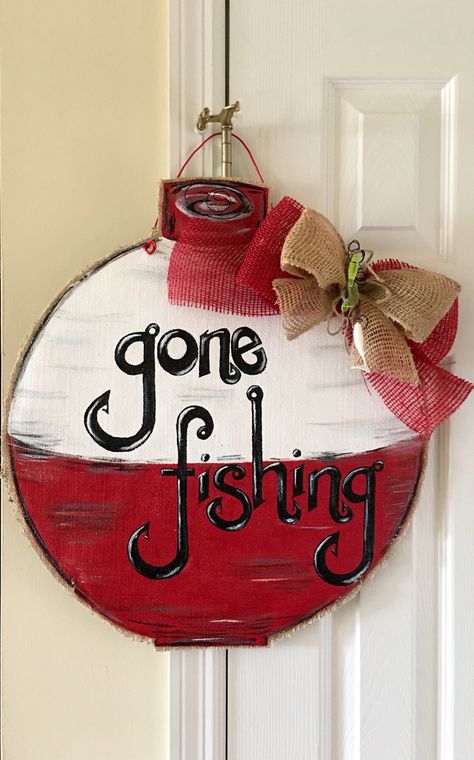 Diy Fishing Bobber Decor, River Door Hangers, Fishing Door Hanger, Lake House Door Hanger, Fishing Welcome Sign, Gone Fishing Door Hanger, Summer Fishing Porch Signs, Painted Burlap Door Hangers, Fall Crafts Decorations