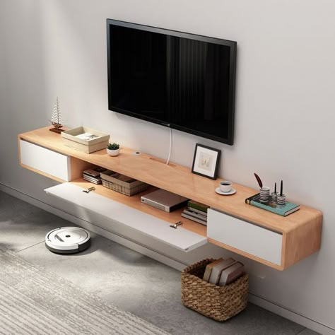 Simple Wall Mounted Tv Stand, Floating Wall Mount Tv Stand, Small Floating Tv Stand, Floating Tv Cabinet Living Room, Minimal Tv Stand Ideas, Floating Wood Tv Stand, Tv Console Wall Mount, Floating Tv Units, Wall Mounted Drawers