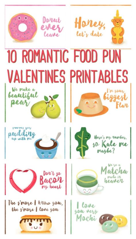 These 10 Romantic Food Pun Valentines Printables are perfect for any food lover.  Funny Valentines Day Free Printable. Valentine Cards For Boyfriend, Pun Valentines, Valentine Sayings, Romantic Food, Valentine Food, Sweet Love Notes, Valentines Day Puns, Cheesy Valentine, Valentines Puns