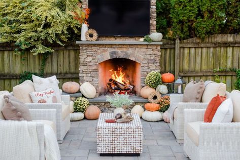 A Perfect Fall Retreat in the Near West End - Outdoor Dreams Fall Outdoor Fireplace, Outdoor Fireplace Decor, Fireplace Decor Ideas, Fall Fireplace Decor, Outdoor Thanksgiving, Modern Patio Design, Fall Fireplace, House Backyard, Garden Rooms