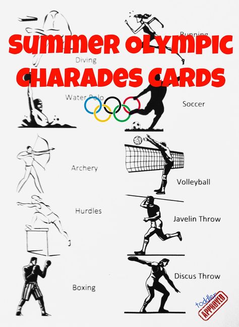 Toddler Approved!: Summer Olympic Charades. A great game to help you celebrate the Olympics! What is your favorite event? Summer Olympics Crafts, Summer Olympics Activities, Vbs Olympics, Olympic Activities, Olympics Decorations, Olympic Games For Kids, Olympics Party, Olympic Idea, Kids Olympics