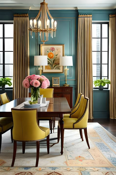 Dining Room With Yellow Chairs, Fancy Couches Living Room, Dining Room Jewel Tones, Eclectic Traditional Home, Anthropologie Dining Room Inspiration, Yellow Dining Room Chairs, Peacock Blue Dining Room, Teal Dining Room Decor, Grandmillennial Dining Room