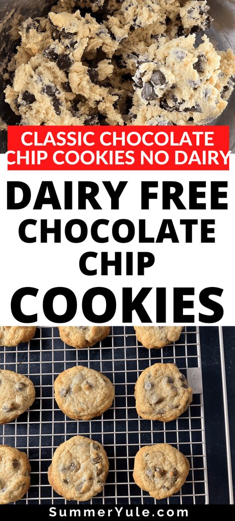 These dairy free chocolate chip cookies are based on the original Toll House cookies recipe, and are delicious and chewy with crisp edges. Best Dairy Free Chocolate Chip Cookies, Non Dairy Chocolate Chip Cookies, Non Dairy Cookies Recipes, Gluten Free Dairy Free Chocolate Chip Cookies, Milk Free Cookies, Dairy Free Cookies Recipes, Cmpa Recipes, Toll House Cookies Recipe, Dairy Free Cookie Recipes