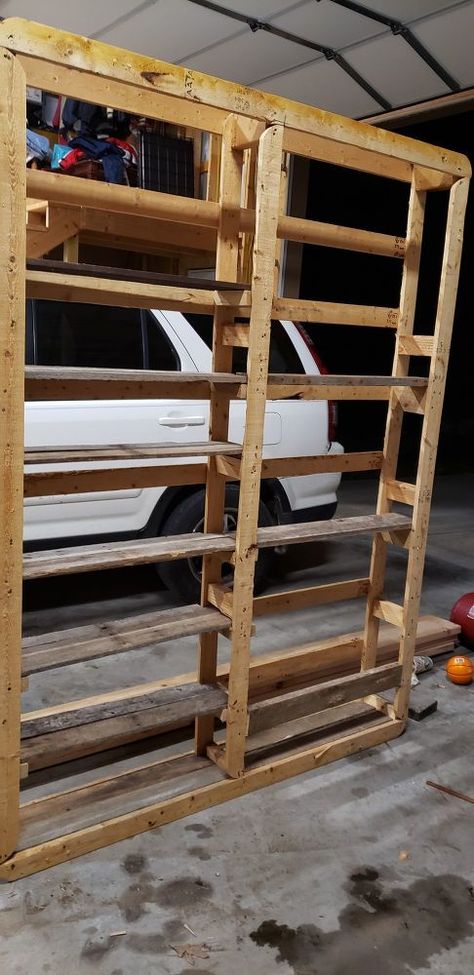 Up cycle a discarded box spring into a storage shelf with little or no money using reclaimed materials.    Increase your storage space in the garage, pantry, or craft room using a discarded box spring.    A tenant bought a new mattress set and needed to dispose of the old set. Not able to haul it off, she decided to breakdown all the parts to put in the dumpster. I hadn't notice her doing it until I saw the box spring frame laying out by the dumpster already stripped of material and t… Garage Pantry, Box Spring Frame, Wooden Ironing Board, Pallet Bookshelf, Box Spring Bed Frame, Up Cycle, Crate Shelves, Reclaimed Brick, Box Spring Bed