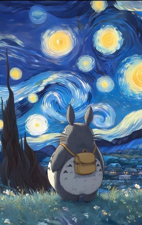 Totoro Wallpaper, Studio Ghibli Totoro, Van Gogh Wallpaper, Starry Night Wallpaper, Ghibli Totoro, Studio Ghibli Background, Artistic Pictures, Arte Van Gogh, Portrait Cartoon