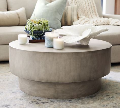 Byron 39" Round Coffee Table | Pottery Barn Coffee Table Pottery Barn, Coffee Table Plants, Nordic Winter, Concrete Coffee Table, Drum Coffee Table, Centerpiece Table, Stone Coffee Table, Organic Forms, Coffee Table Styling