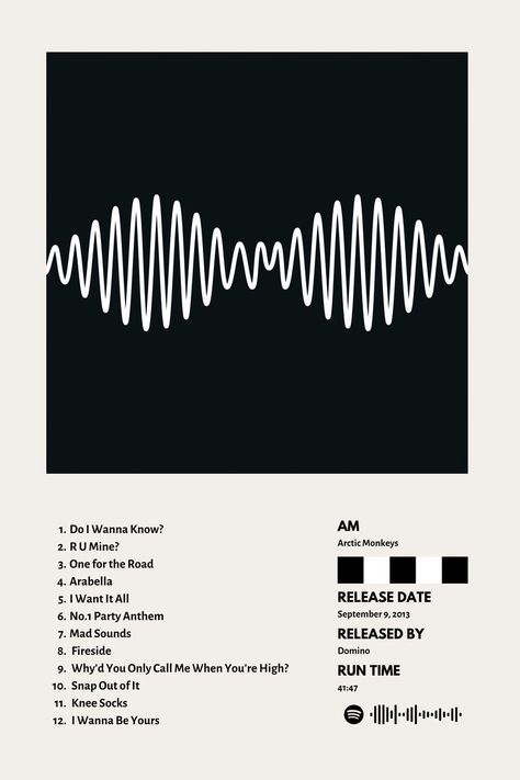 Arctic Monkeys Am Album Poster, Spotify Poster Wall, I Wanna Be Yours Spotify Code, Laufen Album Cover, Dnb Poster, Album Tracklist Design, Tracklist Ideas, Tracklist Design, Arctic Monkeys Album Cover