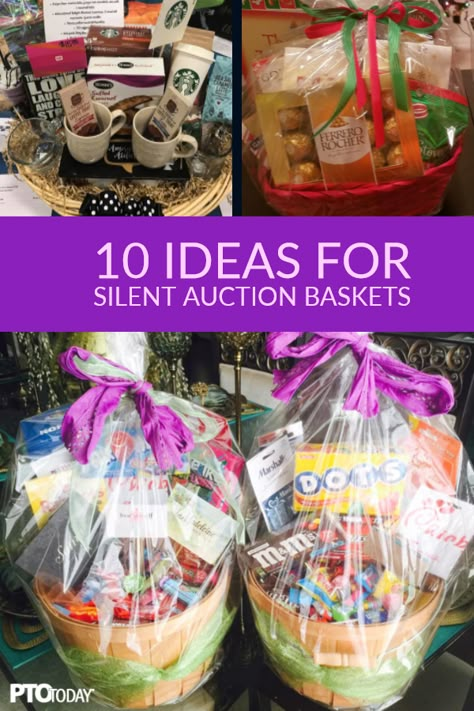 New ideas for your upcoming silent auction! Auction Basket Themes, Tricky Tray Baskets, Silent Auction Gift Basket Ideas, Raffle Gift Basket Ideas, Silent Auction Basket, Auction Gift Basket Ideas, Fundraiser Baskets, Theme Baskets, Silent Auction Baskets