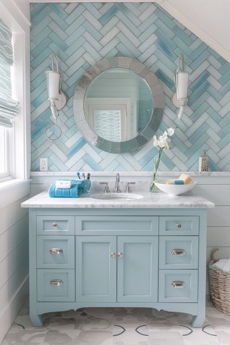 Coastal Bathroom  vanity and glass tile Beach Color Bedroom, Beachy Shower Tile Ideas, Coastal Cottage Bathroom Ideas, Beach Cottage Bedrooms Coastal Style, Surfer Bathroom, Beachy Bathroom Coastal Style, Coastal Master Bath, Sea Glass Bathroom, Coastal Bathroom Tile