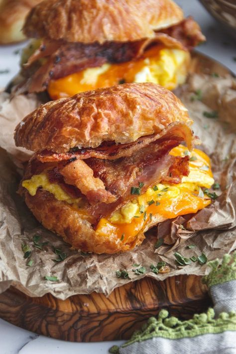 Bacon Eggs and Cheese Croissant Sandwiches - Sandra's Easy Cooking Croissant Sandwiches, Food Sandwiches, Eggs And Cheese, Cheese Croissant, Croissant Sandwich, Breakfast Sandwich Recipes, Bacon Egg And Cheese, Bacon Eggs, Cooking Bacon