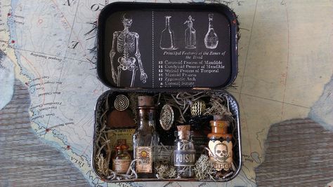 starrgazer creates: Altoid Tin Apothecary Dark Apothecary, Cabinet Curiosities, Books Cabinet, Altoid Tin Art, Altoid Tin Crafts, Altered Altoid Tins, Mint Tin Crafts, Tiny Bottles, Tin Ideas