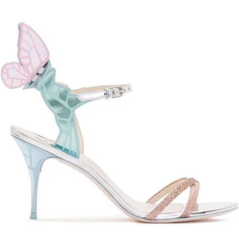 Chiara Mid Sandal Silver & Pastel | Sophia Webster ($625) ❤ liked on Polyvore featuring shoes, sandals, glitter sandals, silver sparkly shoes, multi colored sandals, silver strappy sandals and silver mid heel sandals Silver Mid Heel Sandals, Heels Butterfly, Heels Colorful, Silver Sparkly Shoes, Prom Sandals, Silver Glitter Shoes, Silver Strappy Sandals, Heel Sandals Outfit, Sparkly Sandals