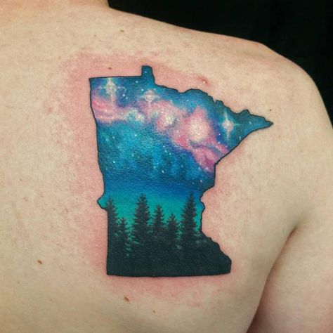 Mike gave this tattoo a little once-over to brighten up the stars and bring out the colors even more. Nothing like a little Minnesota love. Lake Superior Tattoo, Wisconsin Tattoo, Mn Tattoo, Bestie Tats, Minnesota Tattoo, Superior Tattoo, Sister Tats, Pine Tattoo, Minnesota Nice