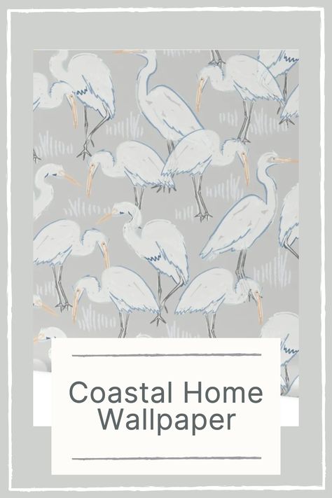 Gorgeous heron pattern in neutral blue, grays and whites. coastal living room, coastal living ideas, coastal grandmother aesthetic, lowcountry wallpaper Marsh Wallpaper, Beachy Wallpaper, Coastal Wallpaper, Coastal Birds, Coastal Modern, Water Printing, Etsy Fabric, Grasscloth Wallpaper, Blue Heron