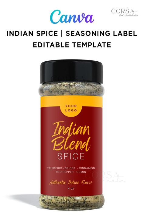 Indian Seasoning Label | Indian Spice Label Sticker | Editable Template at Canva | Customize this wrap label template for your Indian spice / seasoning brand! Spice / Seasoning wrap label template that is Editable at Canva! Customize with your own logo or Brand name! Template wrap label size: 3x2 inches 3.5x2 inches 5.25x3.5 inches 6x4 inches Check your bottle size if this label fit your needs! Wrap Label Listing that is worth every penny! #IndianBlendSpiceWrapLabel #IndianSeasoningLabel Spice Label Design, Indian Seasoning, Name Template, Spice Labels, Editable Labels, Label Sticker, Authentic Indian, Indian Spices, Bottle Sizes