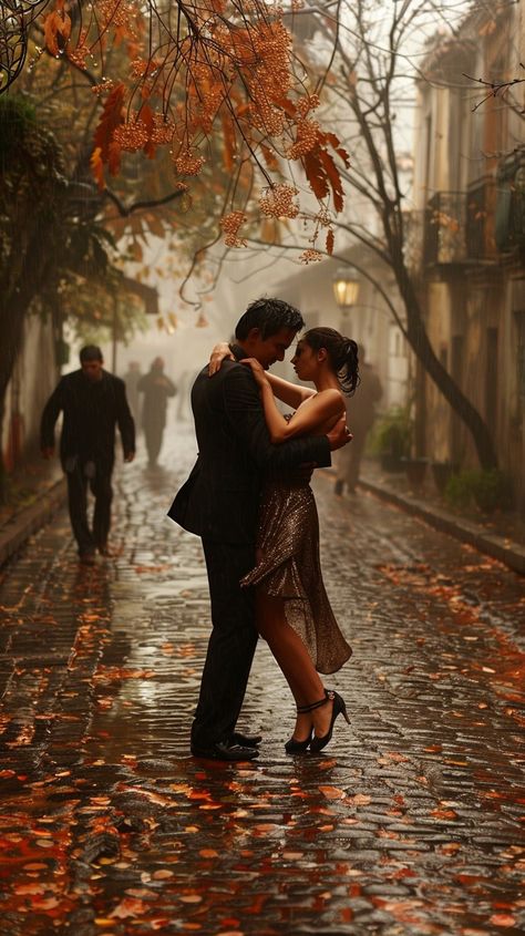 Autumn Dance Romance: A couple dances romantically on a cobblestone street lined with fiery #fallfoliage leaves in soft #rainyday. #autumn #dance #romance #couple #cobblestone #aiart #aiphoto #stockcake ⬇️ Download and 📝 Prompt 👉 https://stockcake.com/i/autumn-dance-romance_892250_785730 Couple Dance In Rain, Dance In Rain, Couple Dancing Aesthetic, Romantic Dance, Innocent Love, Romantic Couple Images, Couple Romance, Romantic Mood, Dancing Aesthetic