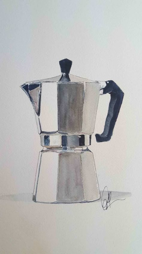 Bialetti Moka, Rendering Drawing, Coffee Watercolor, Watercolor Pencil Art, Sketch Note, Life Drawing Reference, Watercolor Paintings Nature, Moka Pot, Watercolor Paintings For Beginners