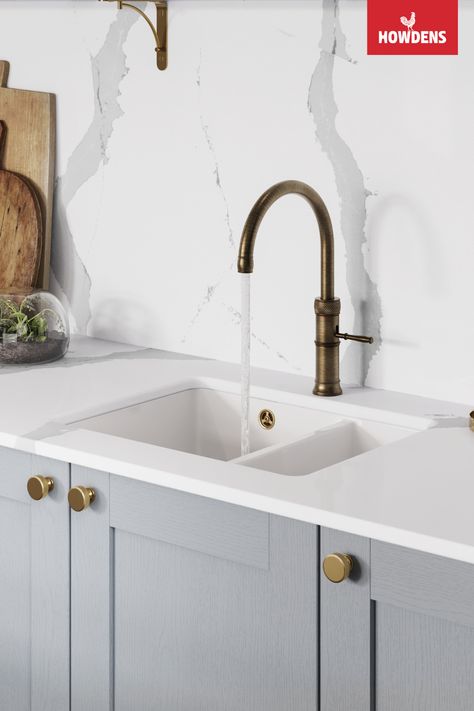 Blue Shaker Kitchen Cabinets, Tap Ideas, Blue Shaker Kitchen, Brass Tapware, Howdens Kitchens, Boiling Water Tap, Brushed Brass Hardware, Shaker Kitchen Cabinets, Brass Tap