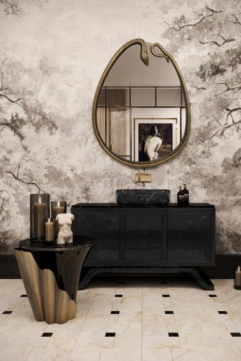 This luxury bathroom design exudes sophisticated contemporary elegance, featuring the Metropolitan Vanity Cabinet as the centerpiece. The cabinet's sleek, dark finish complements the monochromatic color scheme, creating a striking contrast against the artistic, nature-inspired mural. Luxury Bathroom Design, Luxury Mirror, Shaped Mirror, Stunning Interior Design, Bathroom Design Inspiration, Gorgeous Bathroom, Bathroom Trends, Bathroom Design Luxury, Vanity Cabinet