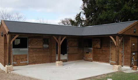 Bespoke stable complex with 5ft roof overhang. Posts with feature gallows brackets and brick plinth. Small Horse Barns, Barn Layout, Timber Garage, Stable Block, Equestrian Building, Horse Barn Ideas Stables, Horse Shelter, Dream Horse Barns, Horse Barn Plans