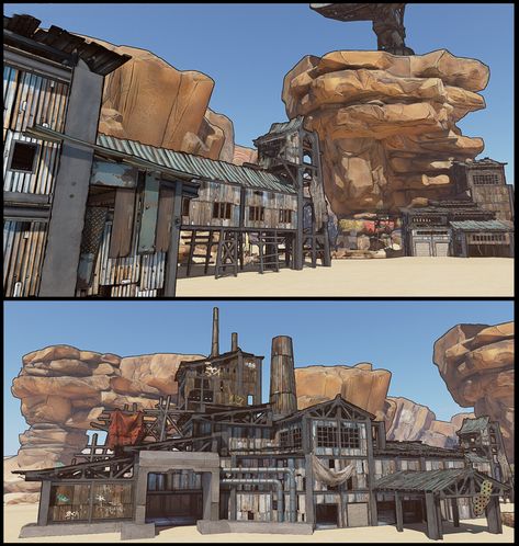 ArtStation - Borderlands 3 Mine Town Modular Set, Hung Pham Apocalypse Desert, Corrugated Metal Walls, Dystopian Architecture, Fallout 4 Settlement Ideas, Borderlands Art, Fallout Concept Art, Post Apocalyptic Art, Game Terrain, Borderlands 3