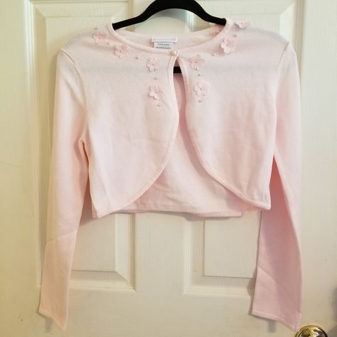 Flyaway Cardigan Girls Light Pink Floral Details Xl T24 Fitted Pink Feminine Cardigan, Fitted Embroidered Pink Cardigan, Feminine Pink Knit Cardigan, Pink Vintage Winter Cardigan, Feminine Pink V-neck Cardigan, Light Pink Cardigan, White Sweater Cardigan, Half Cardigan, Bonnie Jean