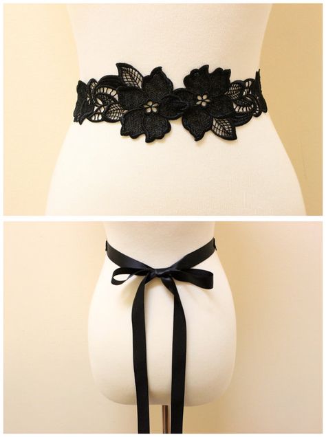 Black Flower Lace with Soft Satin Tape Sash // by lovelikestyle, $23.00 Satin Mermaid Wedding Dress, Corporate Shirts, Textile Earrings, Lace Fancy, Ribbon Ideas, Fashion Design Drawing, Wedding Dresses Black, Head Tie, Diy Bridal