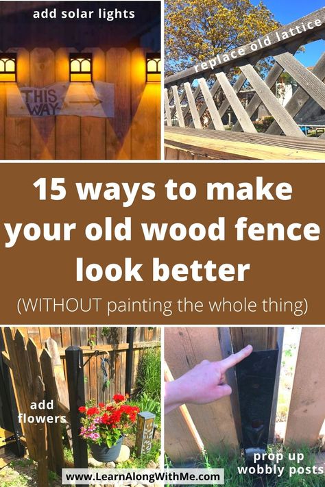 15 ways to make your old wood fence look better without painting or staining the whole thing. It includes some fence art ideas, fence decorations, and tips on how to improve the look of your fence such as fixing sagging sections, propping up wobbly fence posts, adding flower baskets and more cheap fence ideas. Paint Fence Ideas Backyards, Cheap Patio Floor Ideas, Privacy Landscaping Ideas, Old Wood Fence, Driveway Decor, Farm Fence Gate, Painted Wood Fence, Fence Ideas Privacy, Patio Floor Ideas