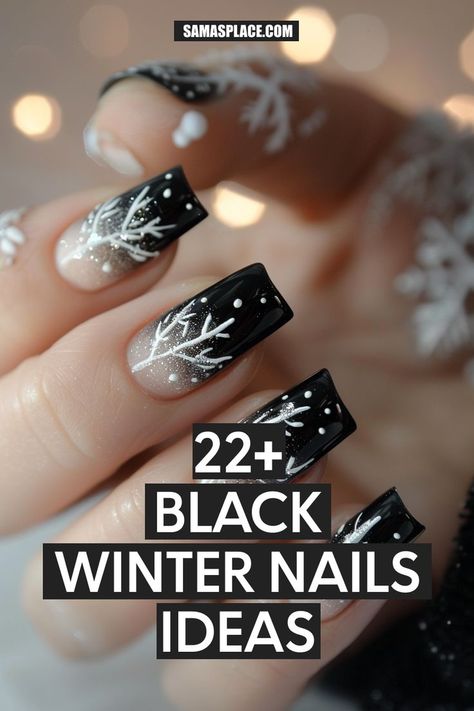 Classic black French tips on a clear base with white snowy branch designs. The almond shape and wintery details add a sophisticated touch, perfect for winter elegance. Black And White Winter Nails, Black Snowflake Nails, Glossy Black Nails, Black Winter Nails, Pointed Nail Designs, Christmas Nail Designs Holiday, Winter Nails Art, Christmas Snowflakes Nails, Snowy Branches