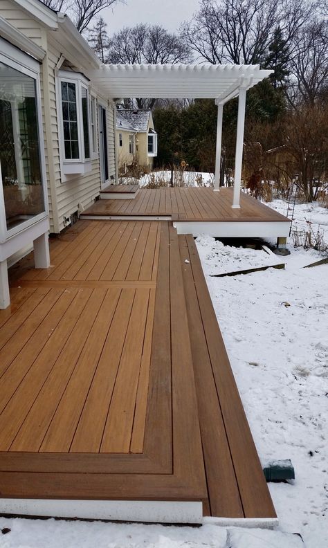 Long Decks Ideas, Deck On Side Of House, Low Deck Designs Ground Level, Multi Level Deck Ideas On A Slope, Deck Without Railing Ideas, Decks Without Railings, L Shaped Deck, Timbertech Deck Ideas, Deck Ideas For Small Backyards