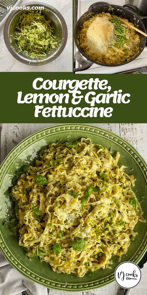 A zingy fresh pasta made from fettuccine, grated courgette, crushed garlic, lemon juice and zest, cream, parmesan, peas and basil. This is a great recipe to make in summer when courgette (or zucchini as they are also known) are in season. This makes them super affordable at the supermarket or better still, a great way to use up any courgette you are growing in your garden. #vjcooks #vegetariandinner #seasonalveg #courgette #zucchini Mushroom And Courgette Recipes, Pasta With Courgette, Courgette Pasta Recipe, Recipes With Courgettes, Parmesan Peas, Courgette Recipe, Pasta Recepies, Courgette Recipes, Zucchini Pasta Recipes