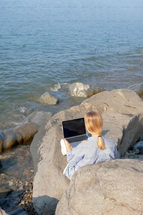 Remote work.Girl freelancer works remotely on the sea shore. workation, remote work,WFVH,Van Life vibes work from vacation home,work travel,remotely work.Travelling.Work from vacation remotely Freelancer Aesthetic, Woman On Beach, Creator Aesthetic, Life Manifestation, Remote Working, Digital Nomad Life, Nomad Life, Life Vibes, Career Vision Board