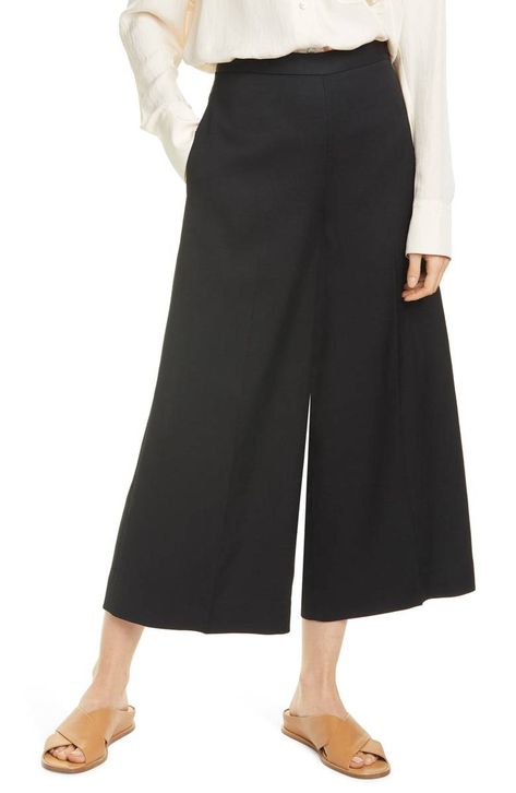 Culottes Versus Gaucho Pants—What's the Difference? | Who What Wear Goucho Pants, How To Wear Culottes, Wide Leg Culottes, Patchwork Denim Skirt, Gaucho Pants, Houndstooth Coat, Printed Silk Shirt, Culotte Pants, Boucle Jacket