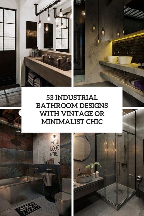 industrial bathroom designs with vintage or minimalist chic cover Vintage Industrial Office, Vintage Industrial Bathroom, Modern Industrial Bathroom, Industrial Sink, Bathroom Industrial Chic, Industrial Bathroom Design, Concrete Shower, Industrial Office Decor, Concrete Vanity