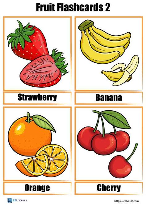 40 free fruit flashcards (PDF) - ESL Vault Fruit Flash Cards, Flash Cards For Kids, Vocabulary Flash Cards, Family Coloring Pages, Farm Animals Birthday Party, Kids Worksheets Preschool, Hindi Worksheets, Learn To Spell, Free Fruit